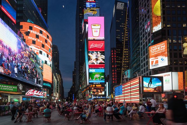 A stock image of Times Square at night
